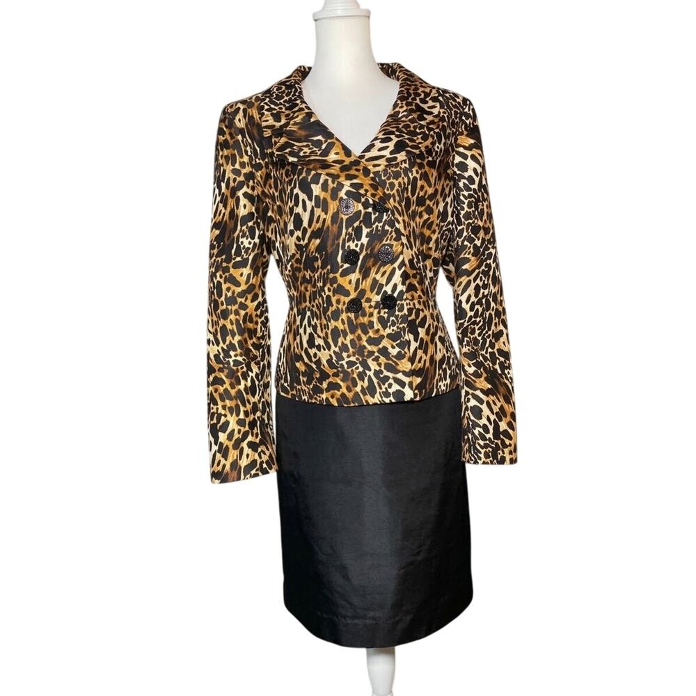 Le Suit 2 Piece Leopard Print Skirt Suit Set Size 12 Double Breasted Officecore